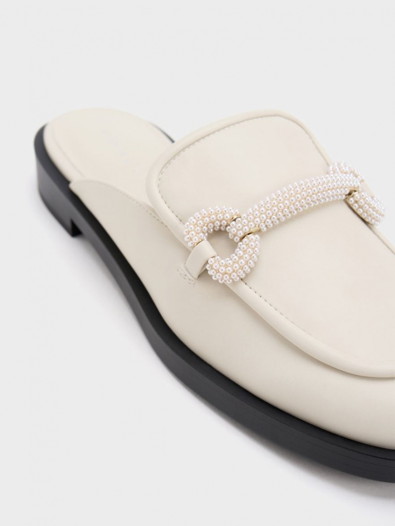 Charles & Keith Beaded Accent Loafer Mules Sko Hvite | BXALD8704