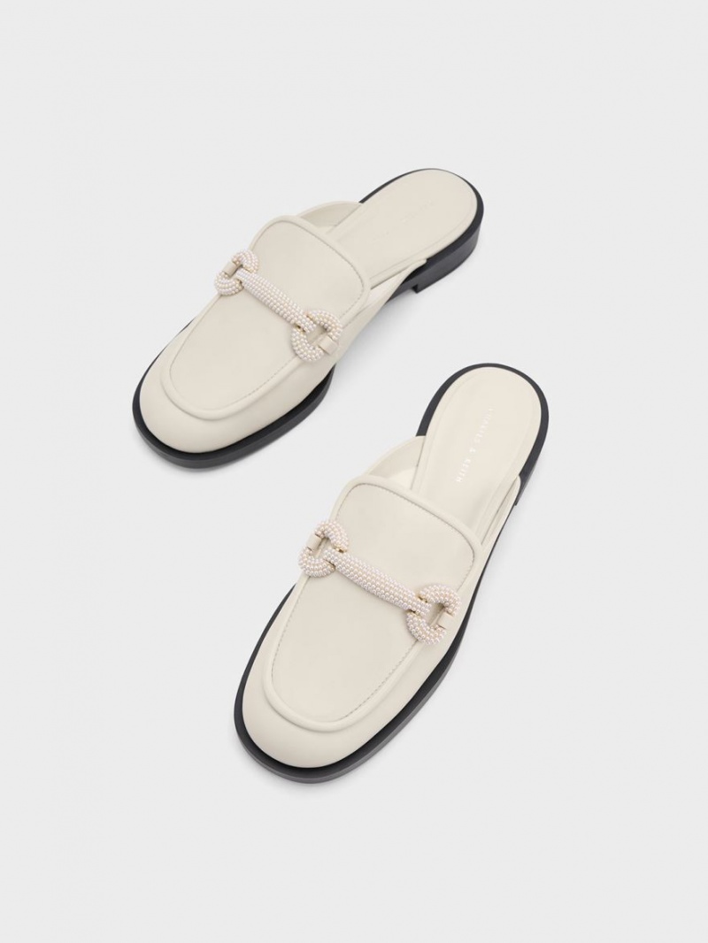 Charles & Keith Beaded Accent Loafer Mules Sko Hvite | BXALD8704