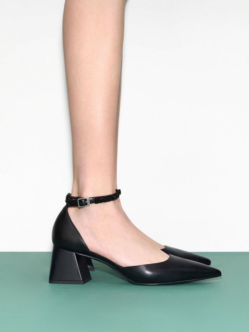 Charles & Keith Beaded Ankle-Reima D'Orsay Pumps Svarte | ZQFHJ4658