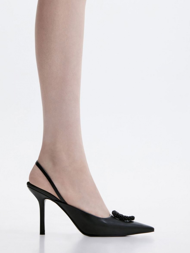 Charles & Keith Beaded Circle Slingback Pumps Svarte | HLGZJ5946