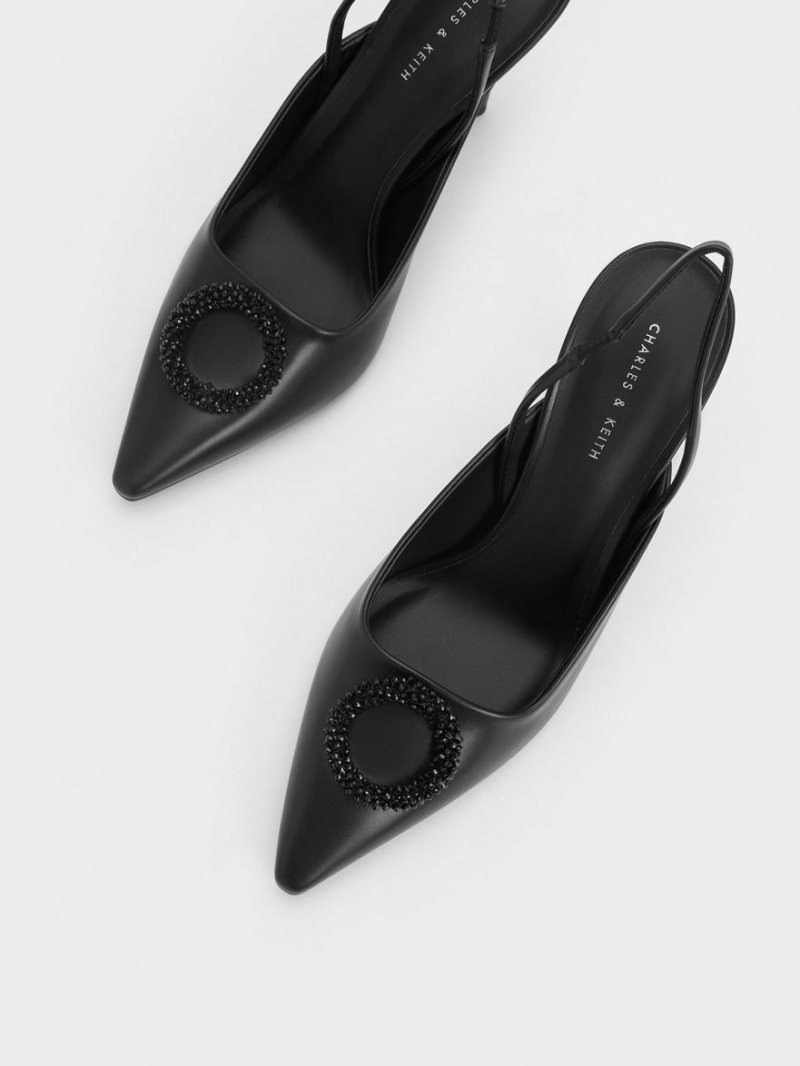 Charles & Keith Beaded Circle Slingback Pumps Svarte | HLGZJ5946