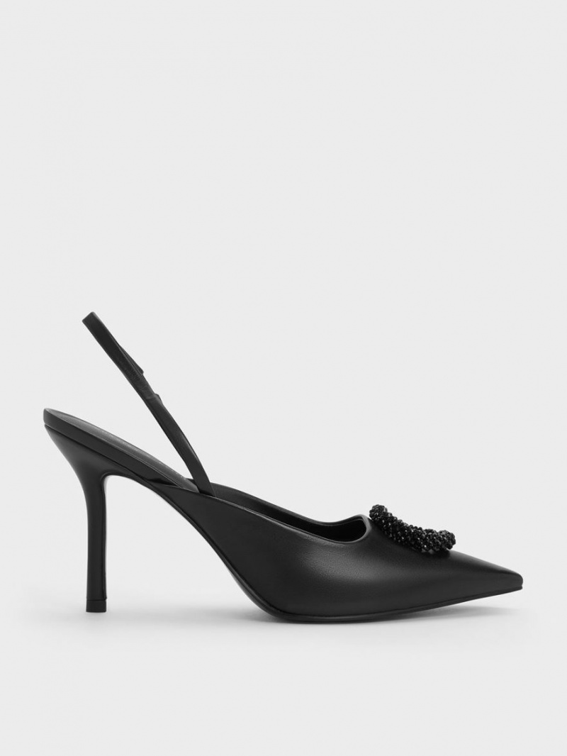 Charles & Keith Beaded Circle Slingback Pumps Svarte | HLGZJ5946