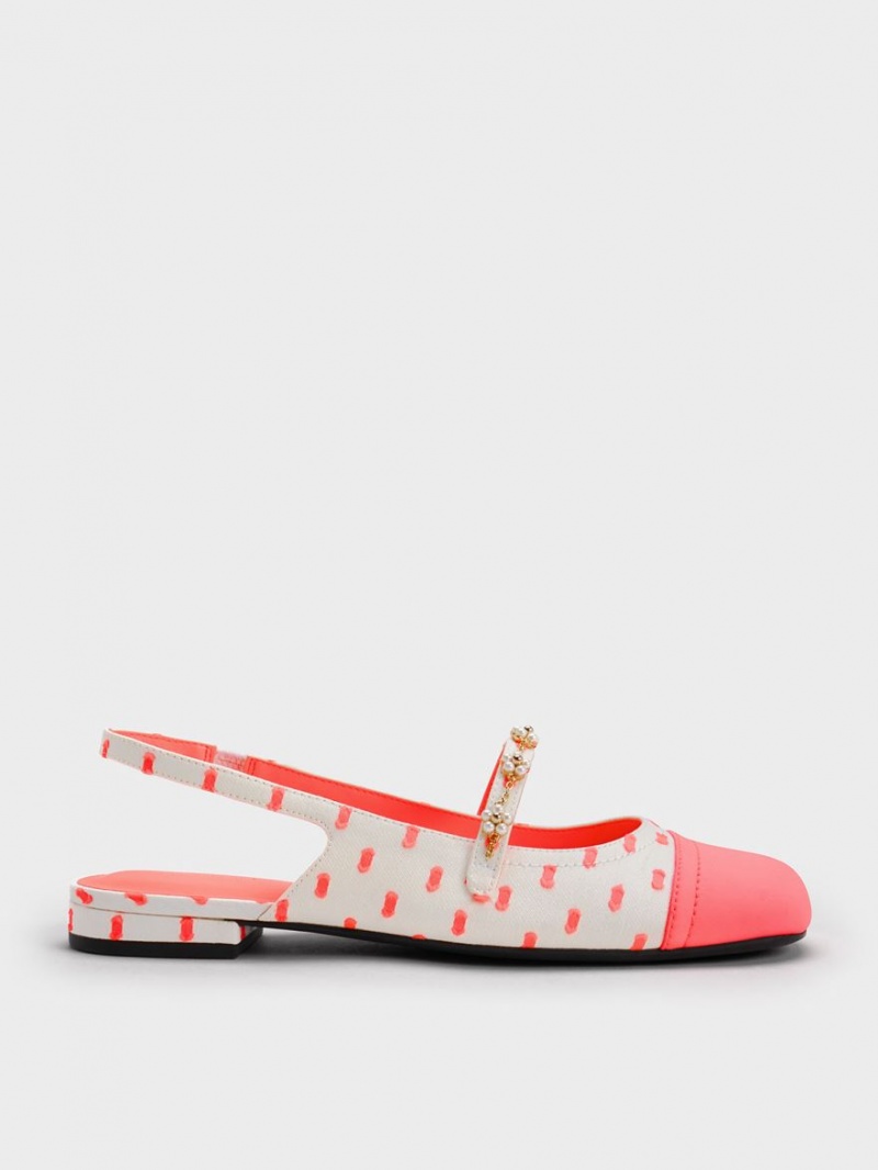 Charles & Keith Beaded Flower Printed Slingback Flate Sko Korall | VWMIP6837