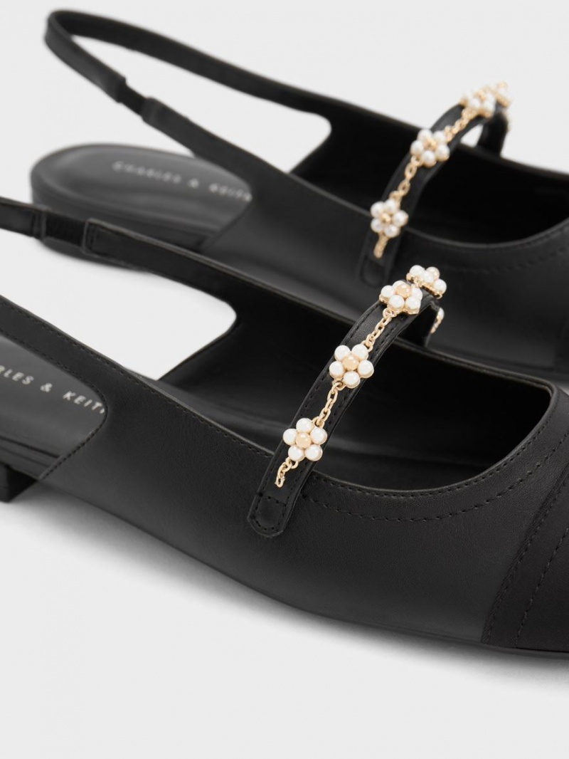 Charles & Keith Beaded Flower Slingback Flate Sko Svarte | FBHYC2405