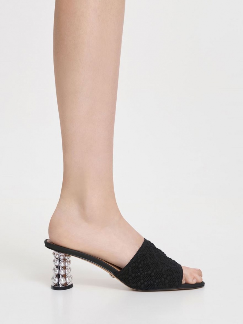 Charles & Keith Beaded Heel Crochet Mules Sko Svarte | RUTZE2159