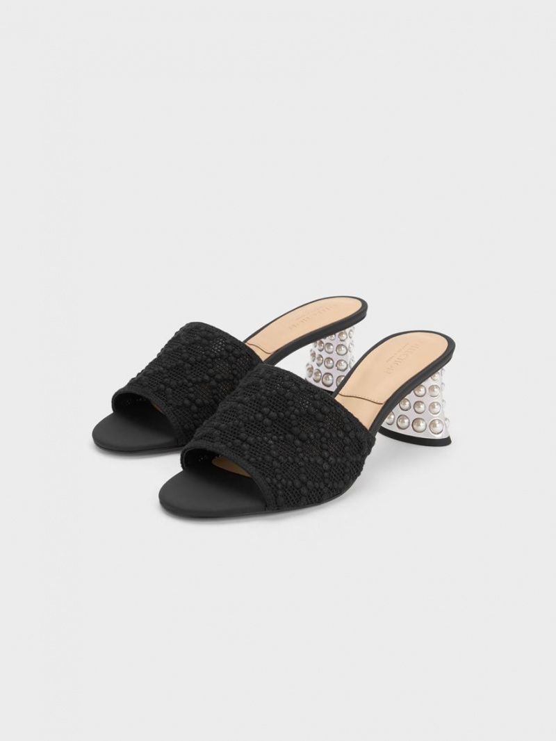 Charles & Keith Beaded Heel Crochet Mules Sko Svarte | RUTZE2159