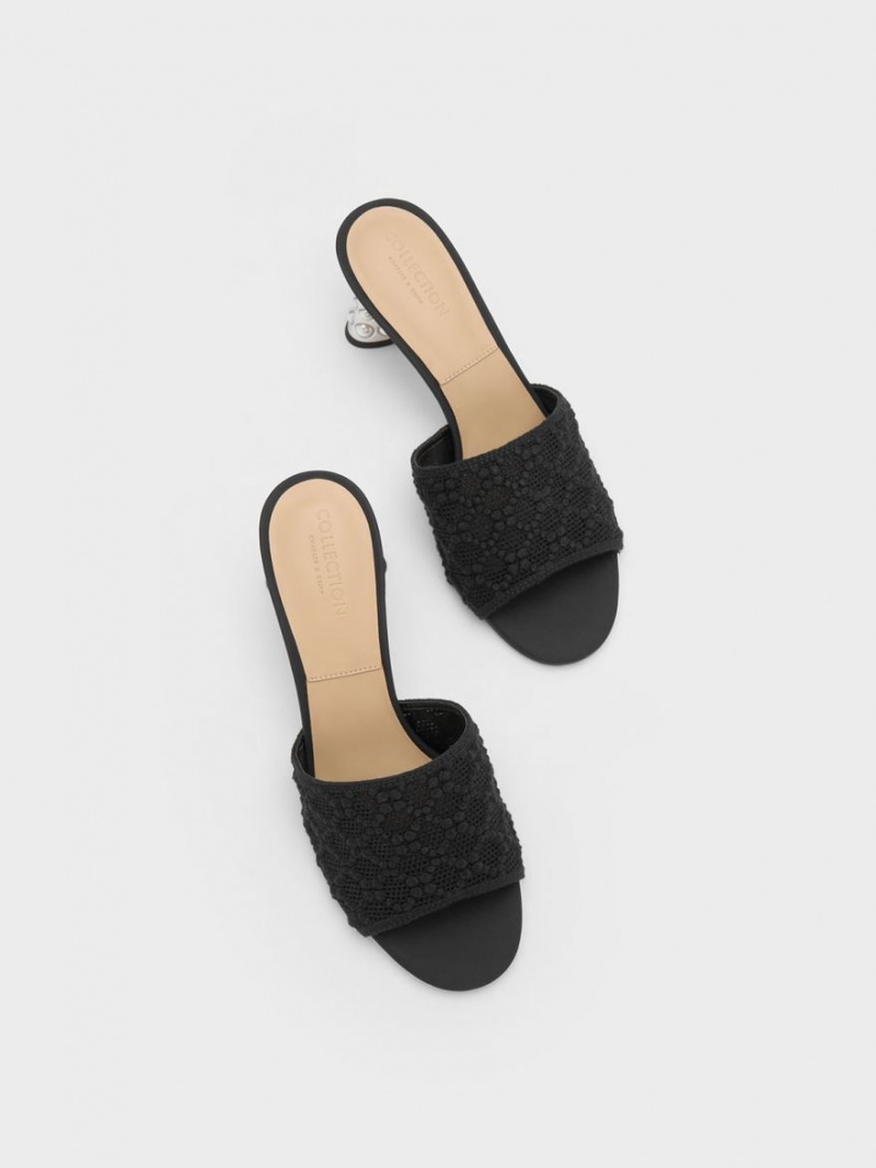 Charles & Keith Beaded Heel Crochet Mules Sko Svarte | RUTZE2159