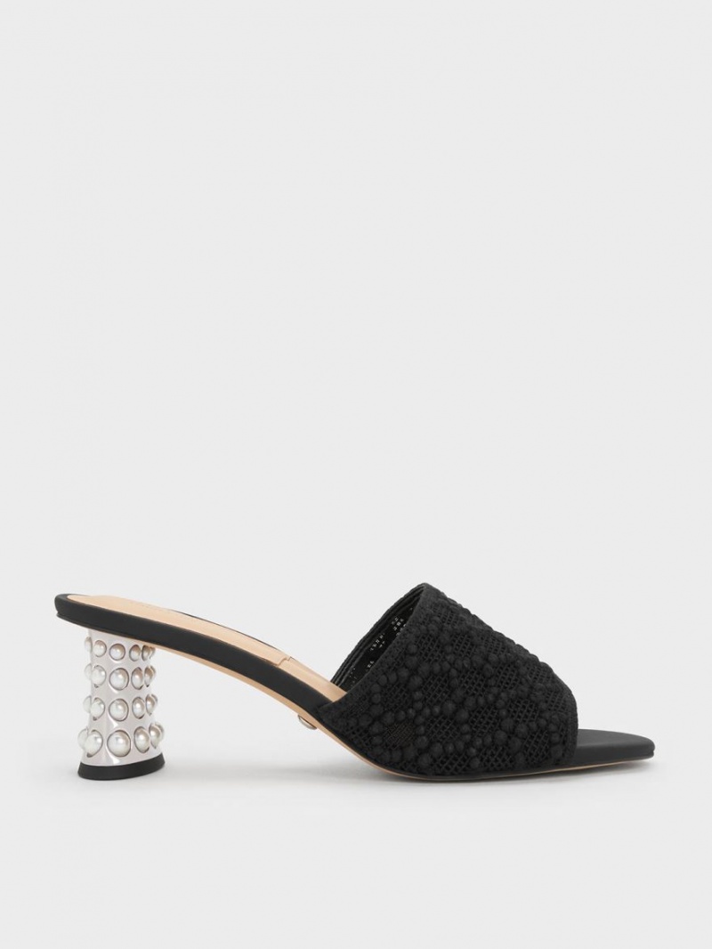 Charles & Keith Beaded Heel Crochet Mules Sko Svarte | RUTZE2159