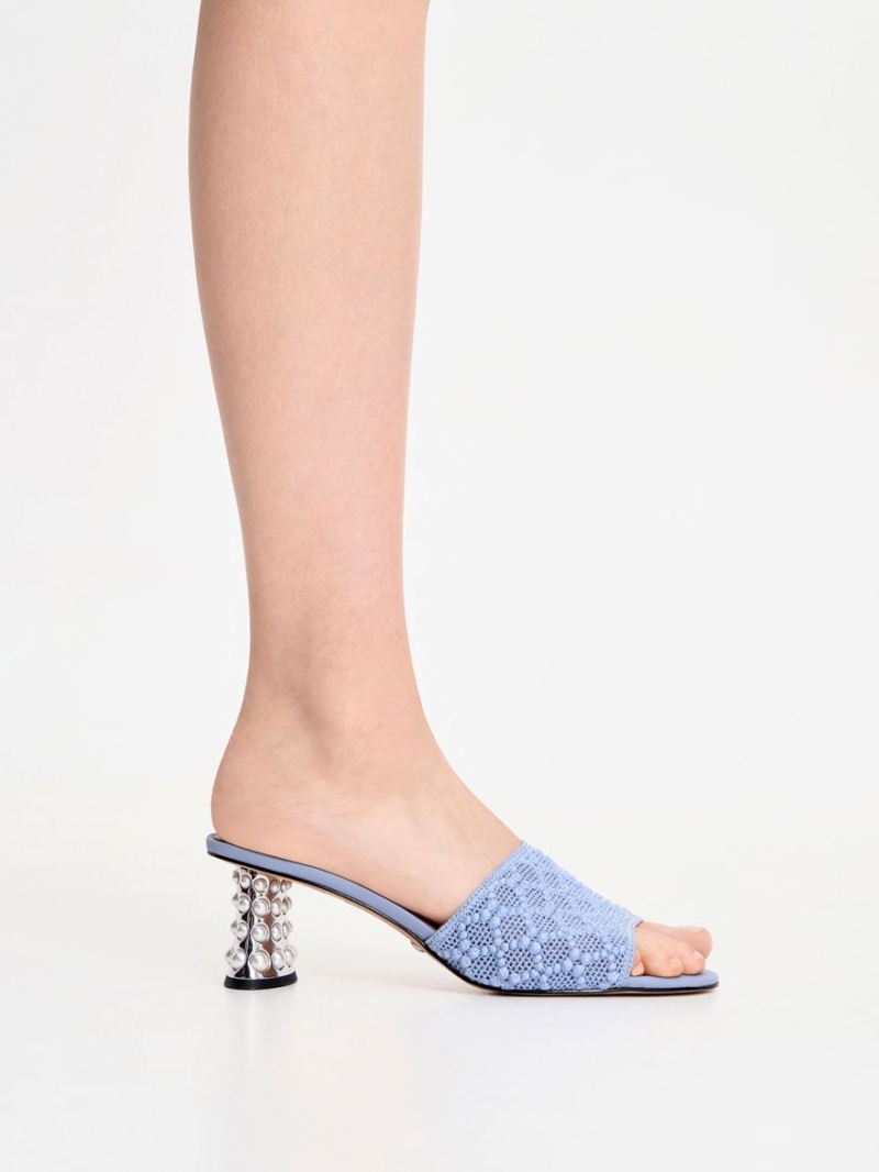 Charles & Keith Beaded Heel Crochet Mules Sko Blå | EYKNM8019