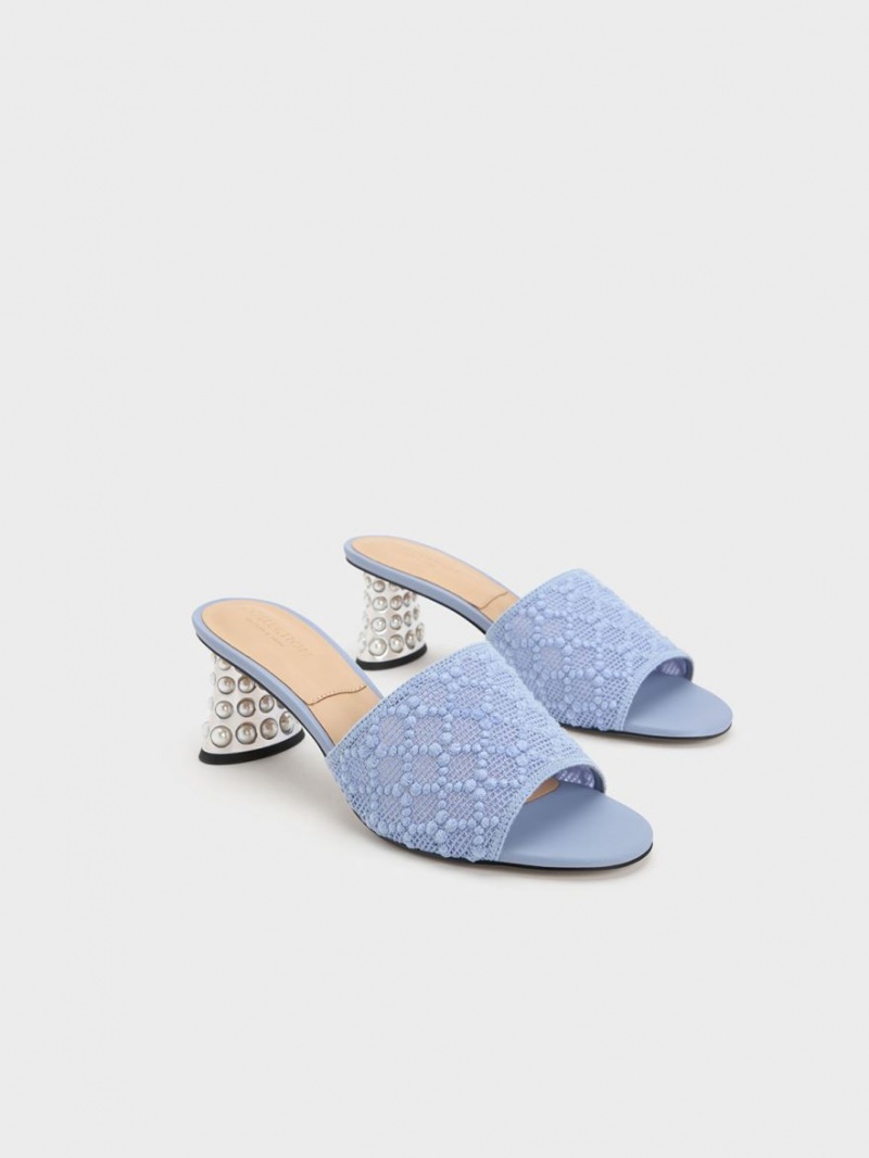 Charles & Keith Beaded Heel Crochet Mules Sko Blå | EYKNM8019