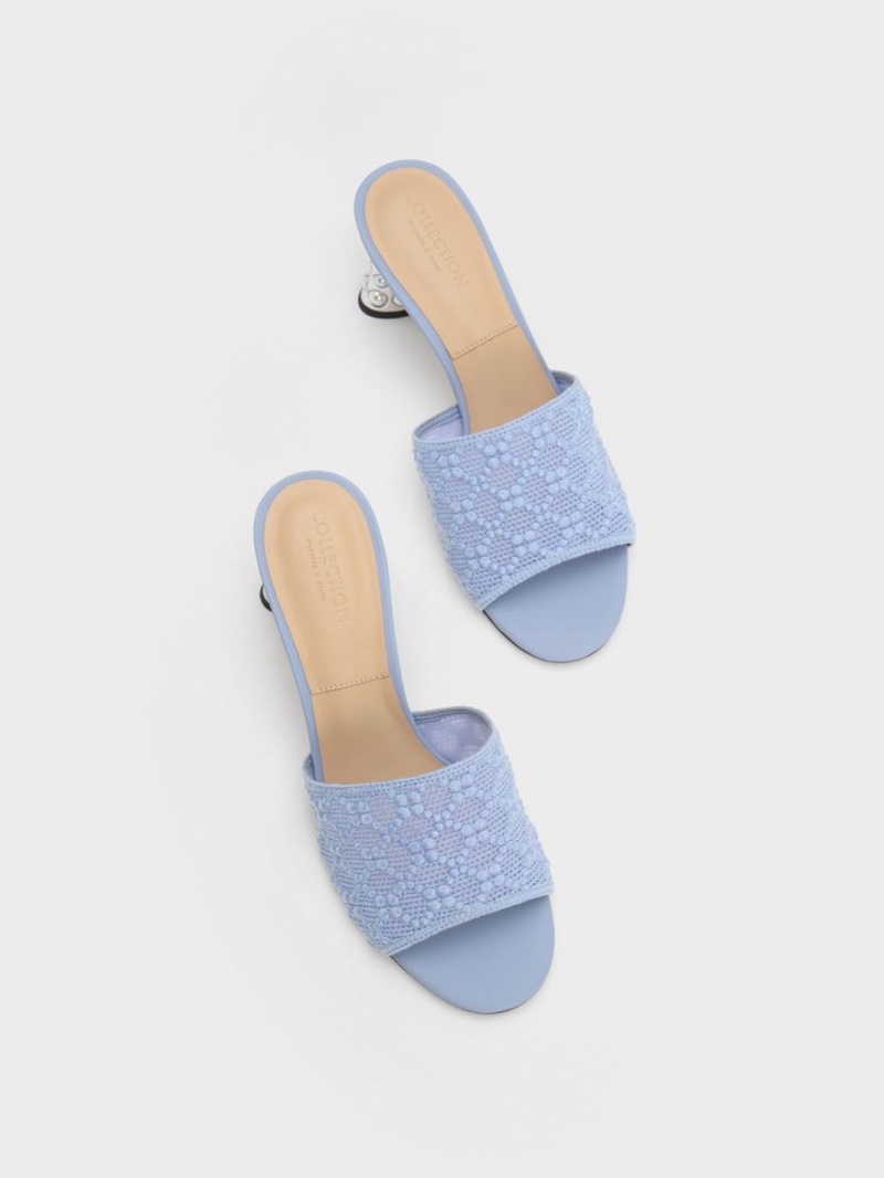 Charles & Keith Beaded Heel Crochet Mules Sko Blå | EYKNM8019