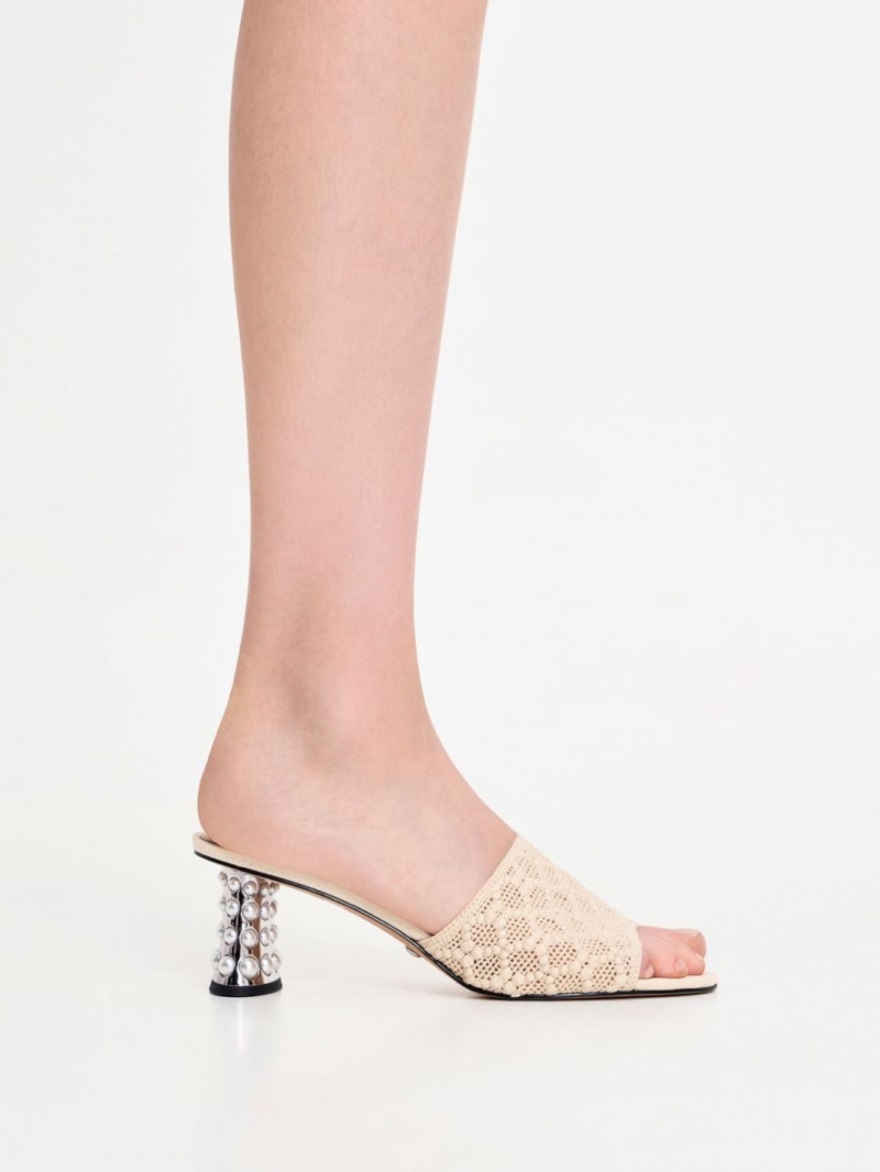 Charles & Keith Beaded Heel Crochet Mules Sko Pisket Krem | UTHEL9385