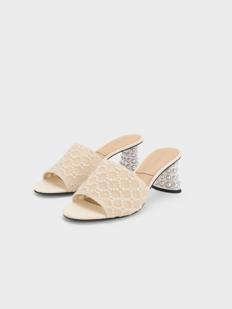 Charles & Keith Beaded Heel Crochet Mules Sko Pisket Krem | UTHEL9385