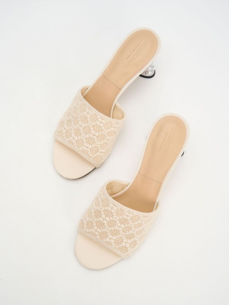 Charles & Keith Beaded Heel Crochet Mules Sko Pisket Krem | UTHEL9385