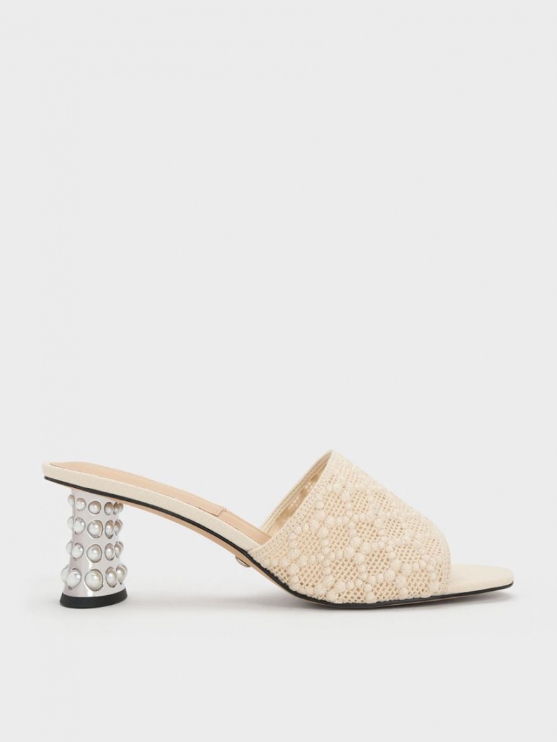 Charles & Keith Beaded Heel Crochet Mules Sko Pisket Krem | UTHEL9385