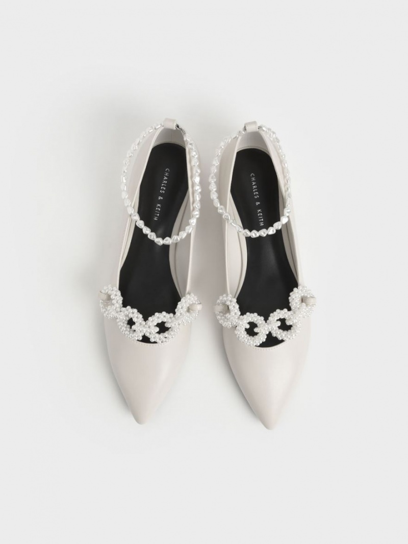 Charles & Keith Beaded Mary Jane Flate Sko Hvite | VNKLG4812