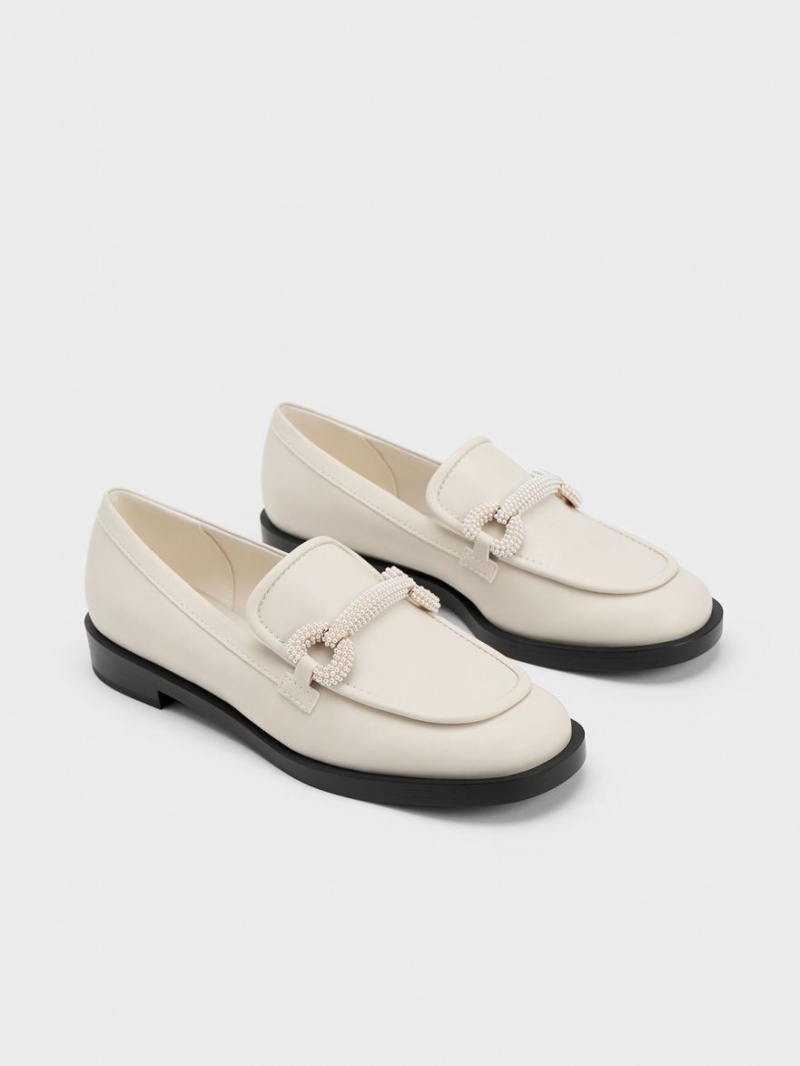 Charles & Keith Beaded Reima Loafers Pisket Krem | IRGOW6087