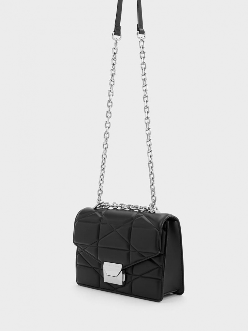 Charles & Keith Blanche Chevron Chain Håndveske Svarte | CBQOT6413