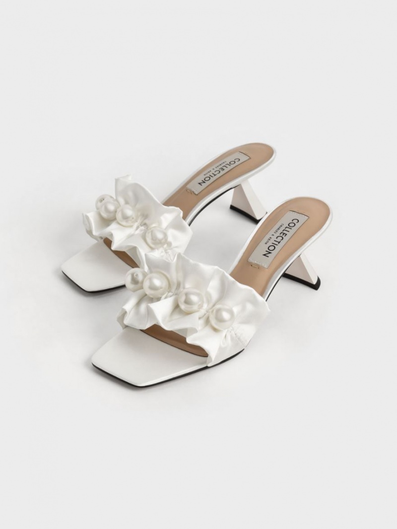 Charles & Keith Blythe Bead-Embellished Satin Mules Sko Hvite | TPCIE5017