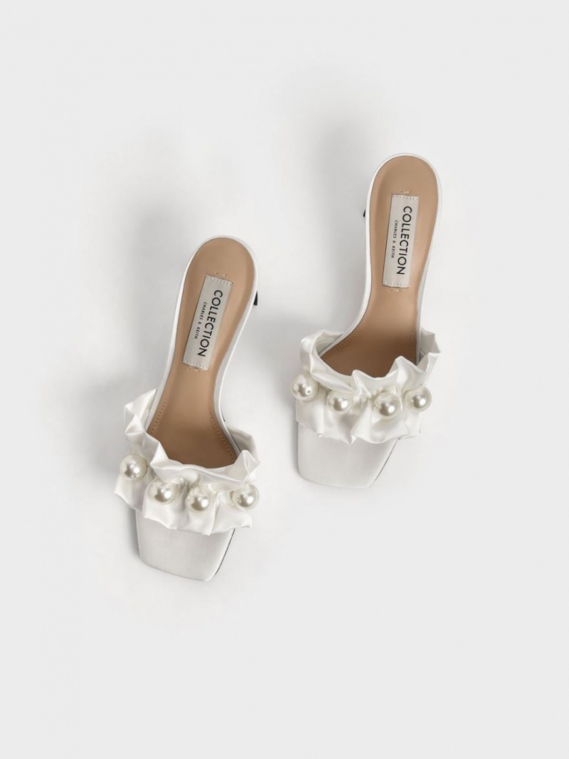 Charles & Keith Blythe Bead-Embellished Satin Mules Sko Hvite | TPCIE5017