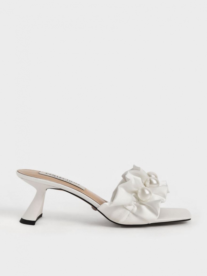 Charles & Keith Blythe Bead-Embellished Satin Mules Sko Hvite | TPCIE5017