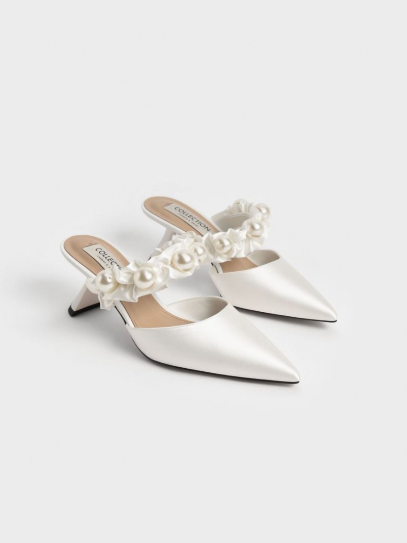 Charles & Keith Blythe Bead Embellished Satin Pumps Hvite | LGHKR5127