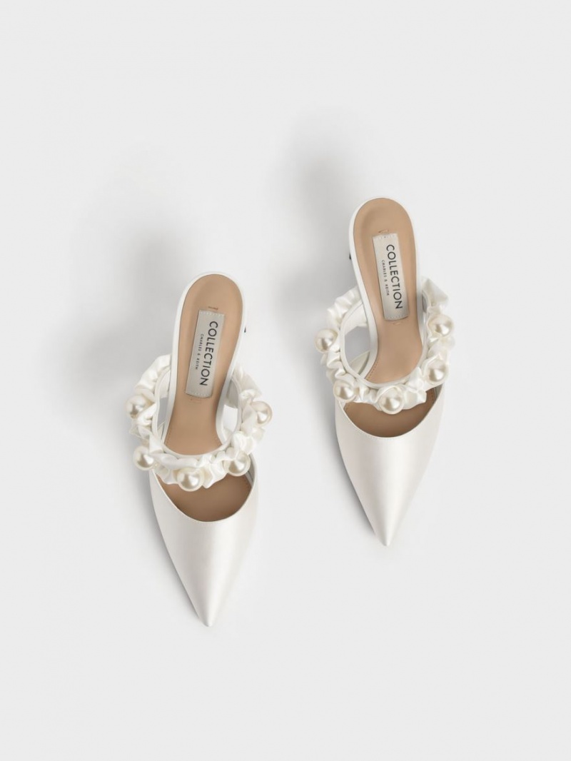 Charles & Keith Blythe Bead Embellished Satin Pumps Hvite | LGHKR5127