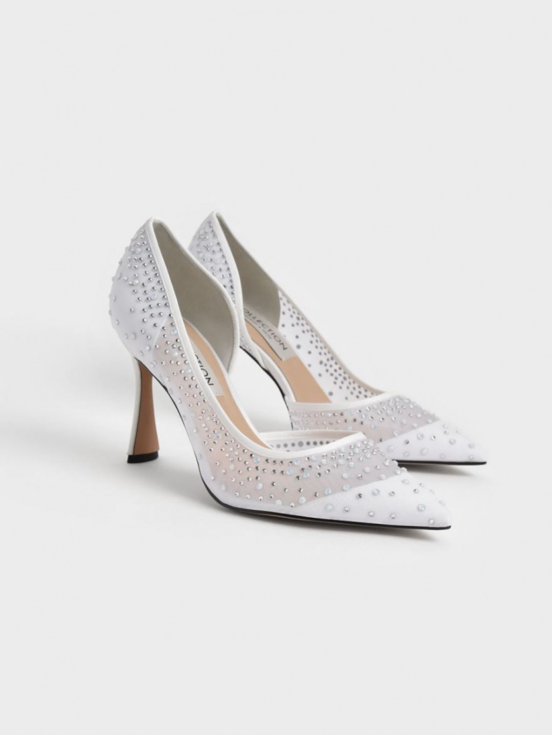 Charles & Keith Blythe Mesh Embellished Half-D'Orsay Pumps Hvite | DMRNU8746