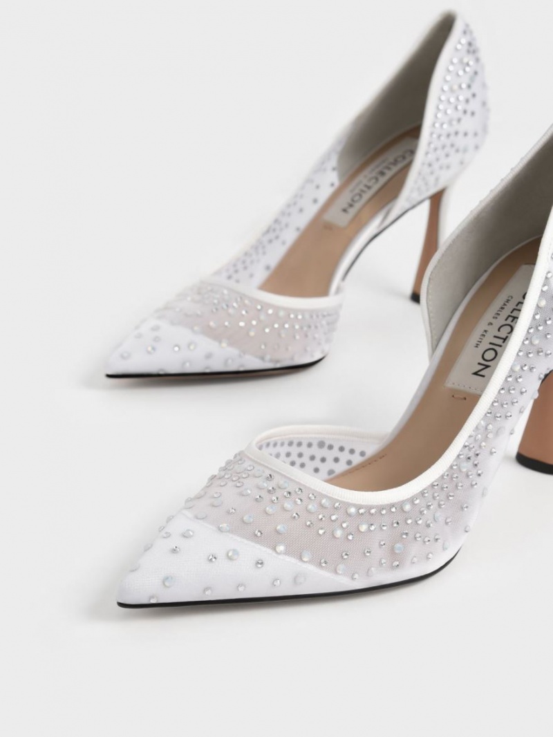 Charles & Keith Blythe Mesh Embellished Half-D'Orsay Pumps Hvite | DMRNU8746