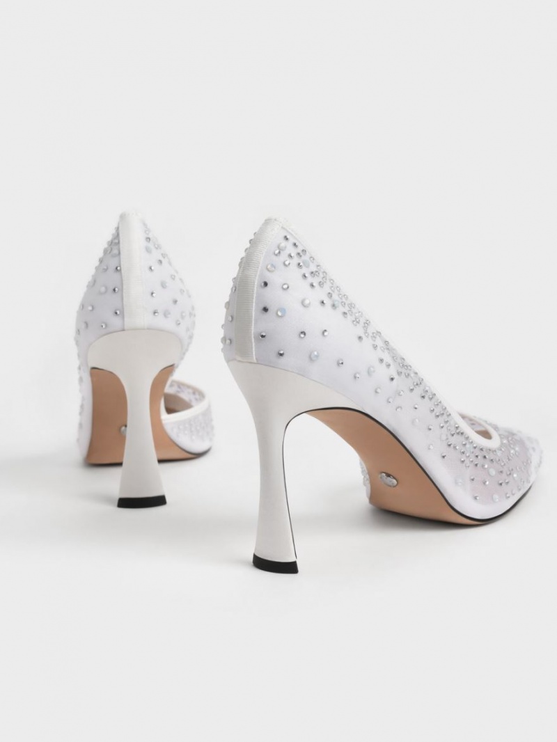 Charles & Keith Blythe Mesh Embellished Half-D'Orsay Pumps Hvite | DMRNU8746