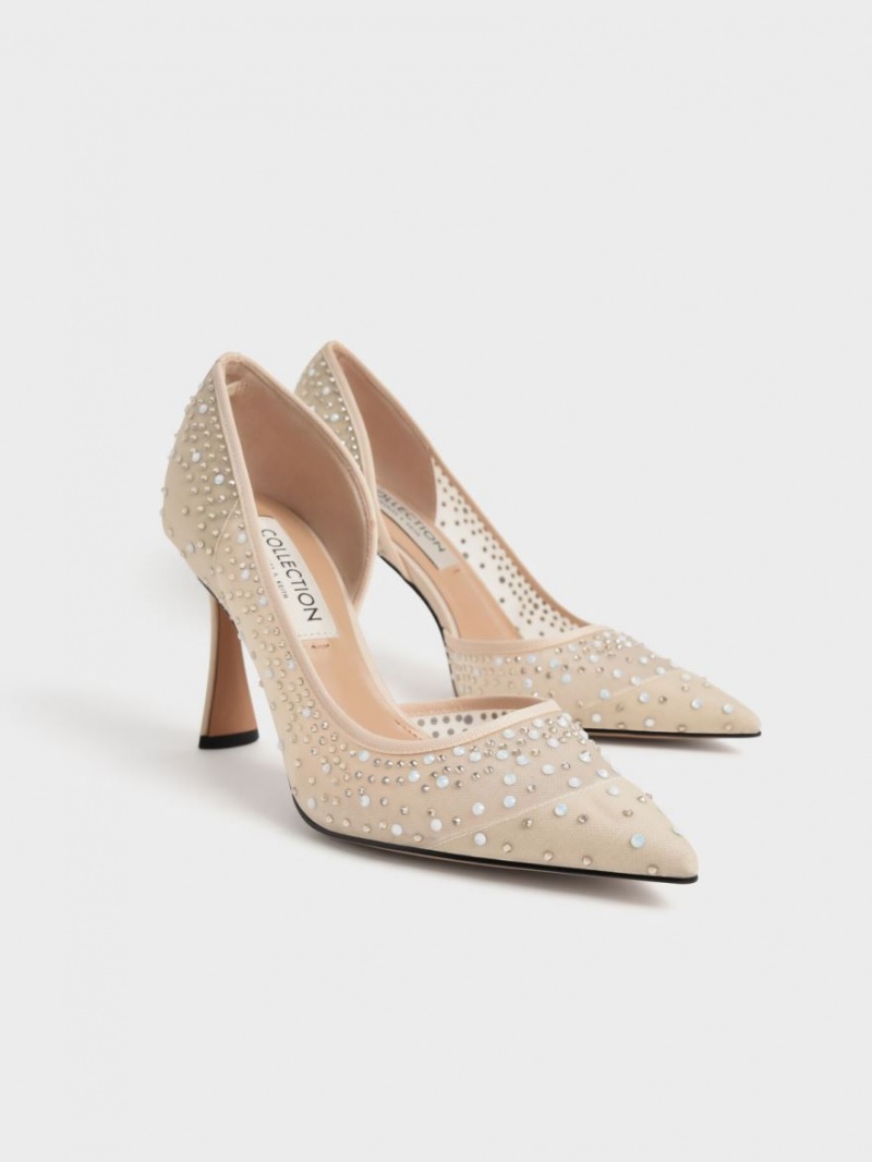 Charles & Keith Blythe Mesh Embellished Half-D'Orsay Pumps Beige | PFGNC5632