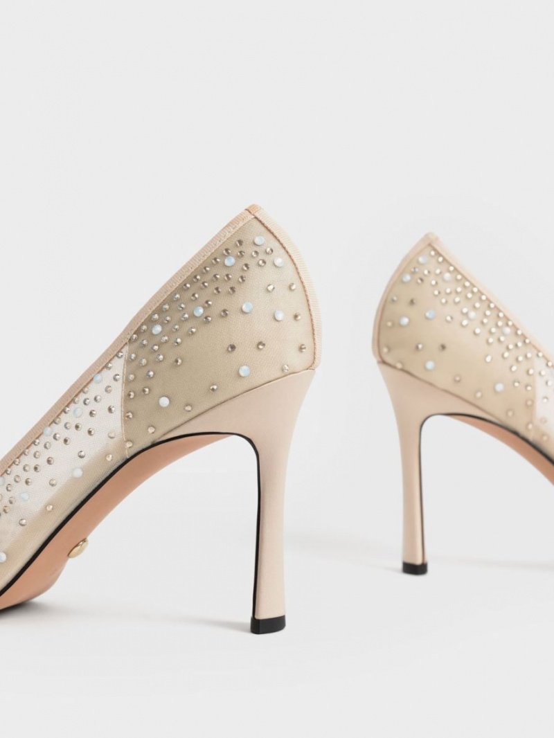 Charles & Keith Blythe Mesh Embellished Half-D'Orsay Pumps Beige | PFGNC5632