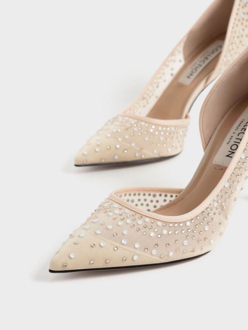 Charles & Keith Blythe Mesh Embellished Half-D'Orsay Pumps Beige | PFGNC5632