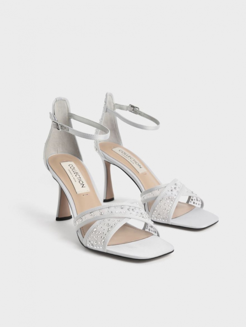 Charles & Keith Blythe Mesh & Satin Embellished Sandaler med Hæl Sølv | MWLKT8215