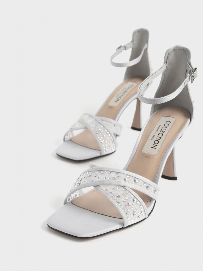 Charles & Keith Blythe Mesh & Satin Embellished Sandaler med Hæl Sølv | MWLKT8215