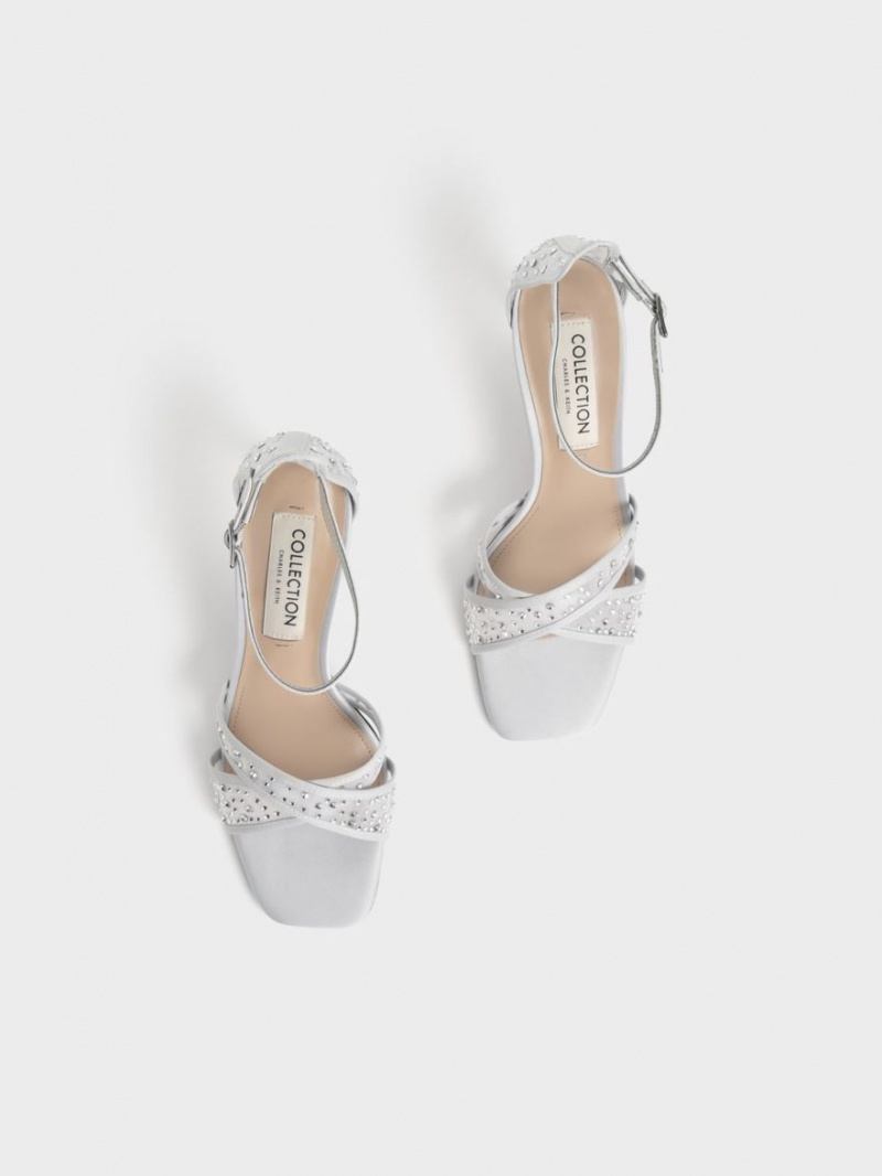 Charles & Keith Blythe Mesh & Satin Embellished Sandaler med Hæl Sølv | MWLKT8215