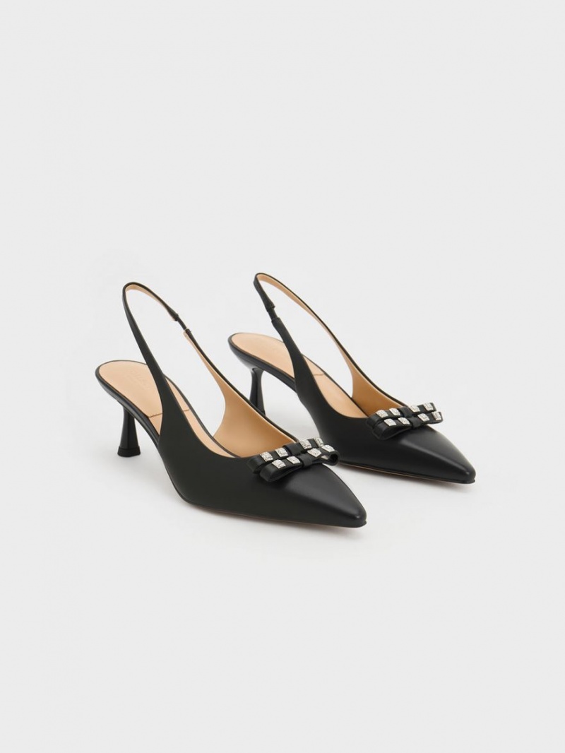 Charles & Keith Bow Crystal-Embellished Lær Slingback Pumps Svarte | FCIEL6593