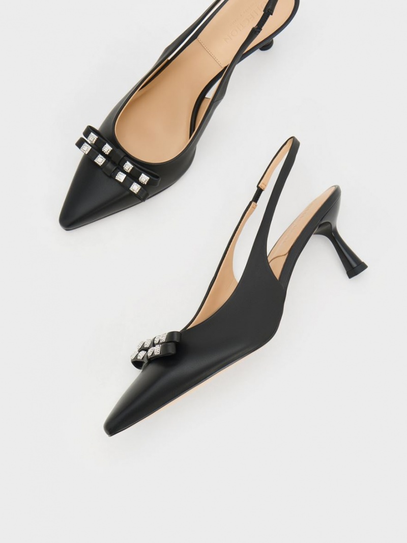 Charles & Keith Bow Crystal-Embellished Lær Slingback Pumps Svarte | FCIEL6593