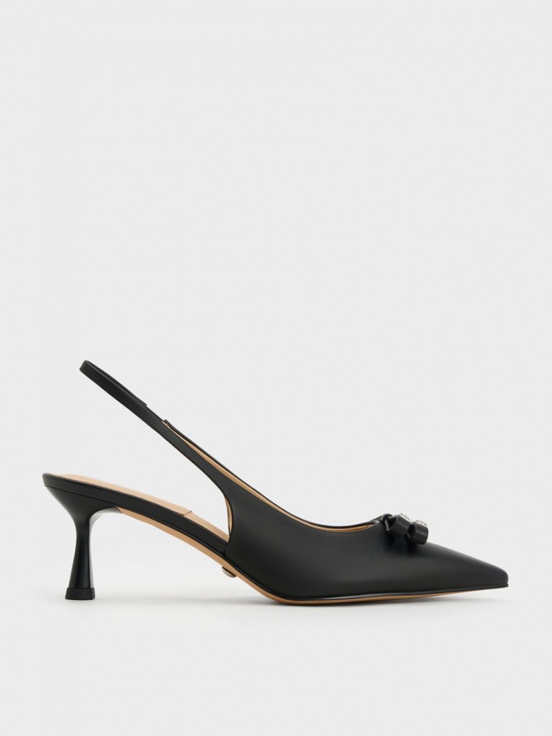 Charles & Keith Bow Crystal-Embellished Lær Slingback Pumps Svarte | FCIEL6593