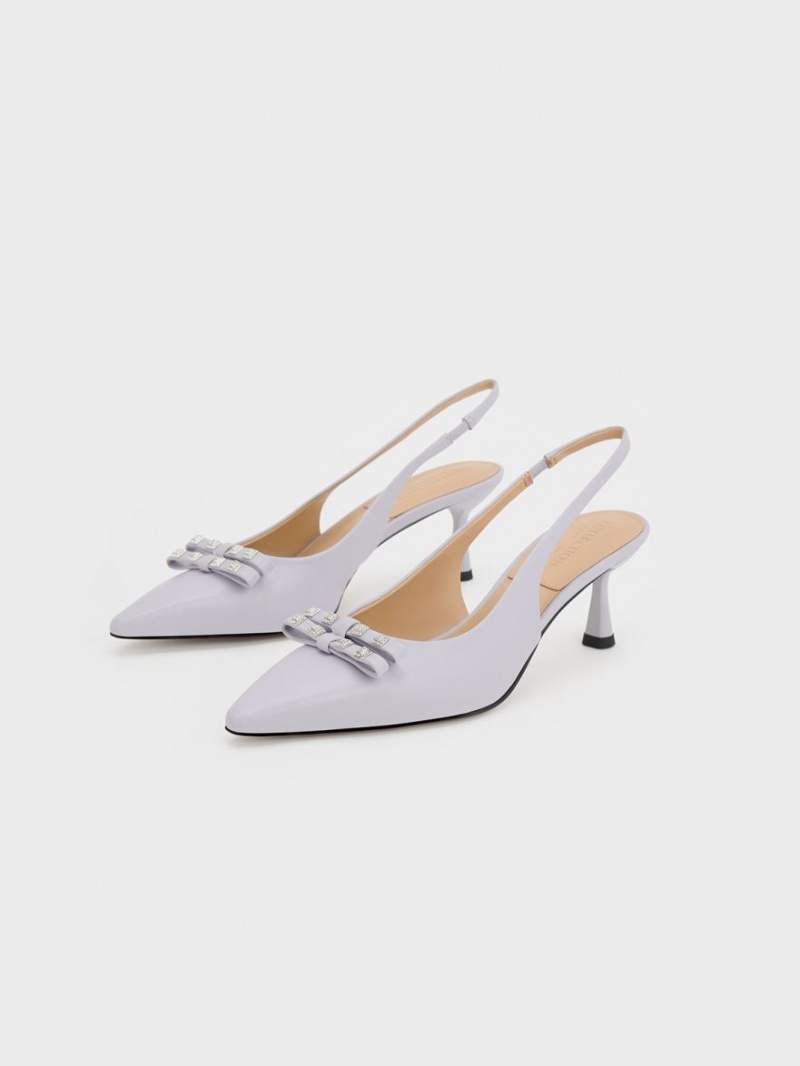 Charles & Keith Bow Crystal-Embellished Lær Slingback Pumps Lilla | LKWEB5362