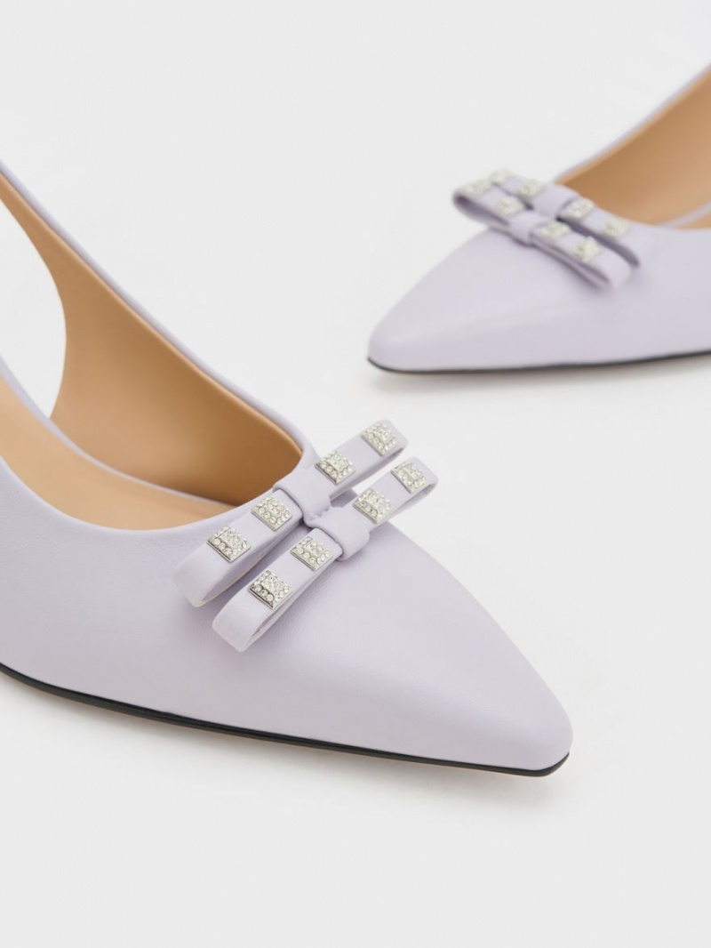 Charles & Keith Bow Crystal-Embellished Lær Slingback Pumps Lilla | LKWEB5362