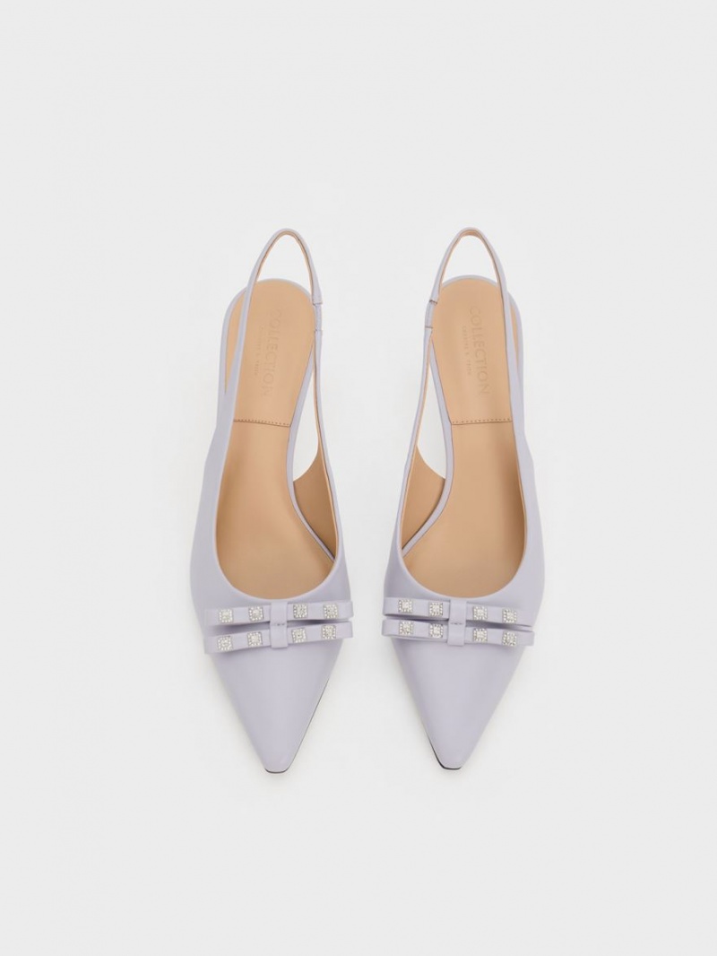 Charles & Keith Bow Crystal-Embellished Lær Slingback Pumps Lilla | LKWEB5362