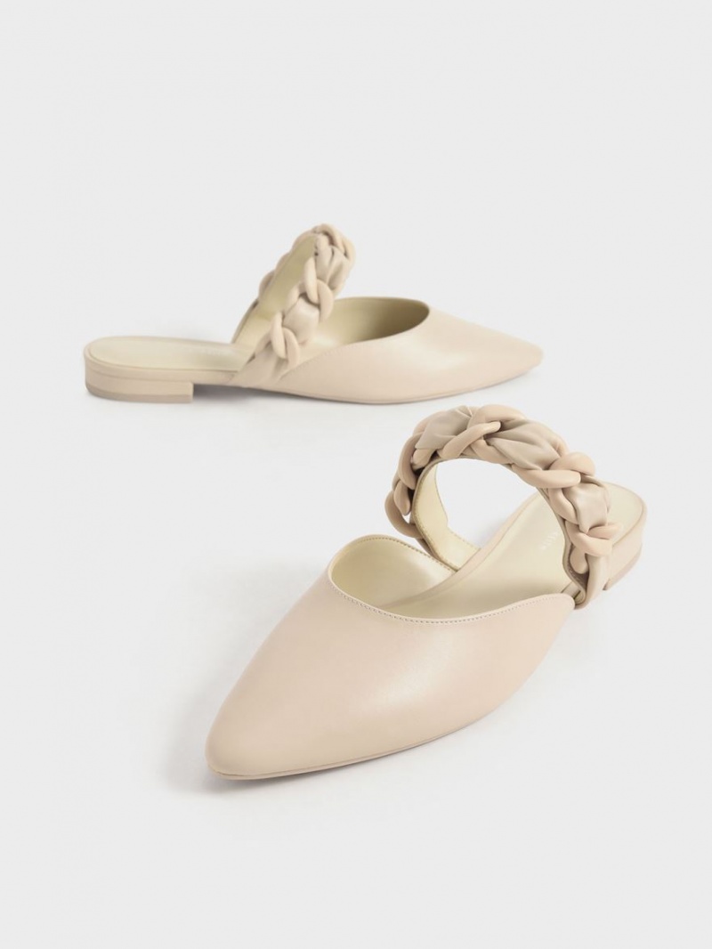 Charles & Keith Braided Chain-Link Flate Mules Sko Beige | BNSXO3918