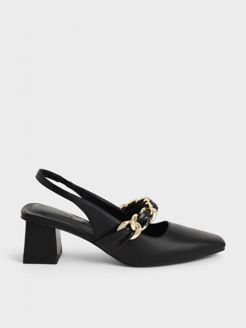 Charles & Keith Braided Chain-Link Slingback Pumps Svarte | WJMNR2634