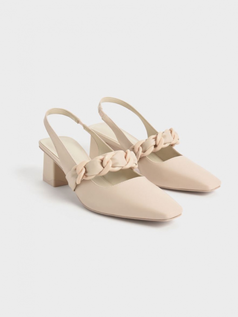 Charles & Keith Braided Chain-Link Slingback Pumps Beige | YEGRW4810