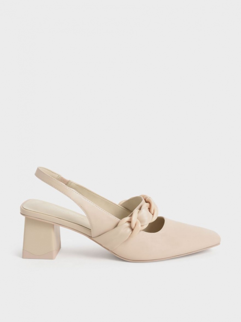 Charles & Keith Braided Chain-Link Slingback Pumps Beige | YEGRW4810