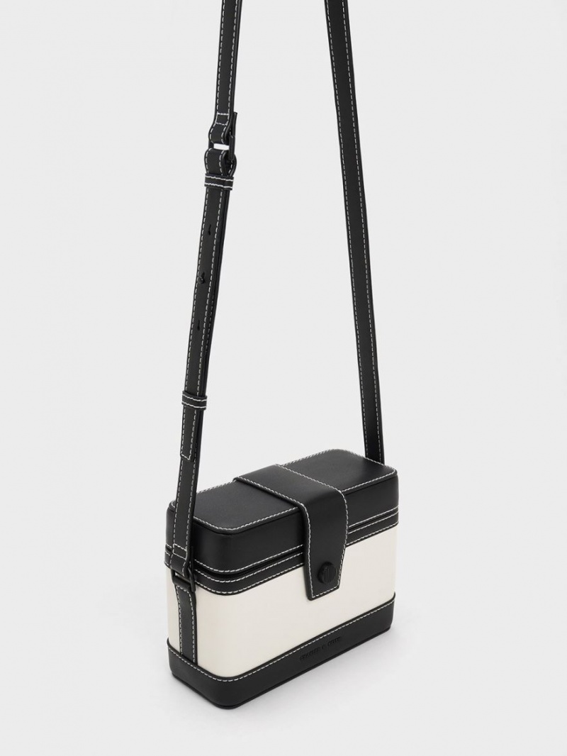 Charles & Keith Bronte Contrast-Trim Boxy Crossbody Veske Svarte Hvite | MUVED4026