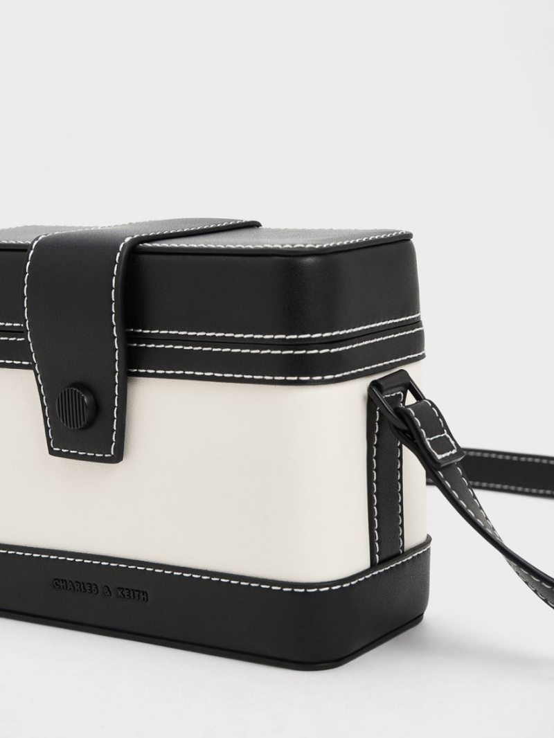 Charles & Keith Bronte Contrast-Trim Boxy Crossbody Veske Svarte Hvite | MUVED4026