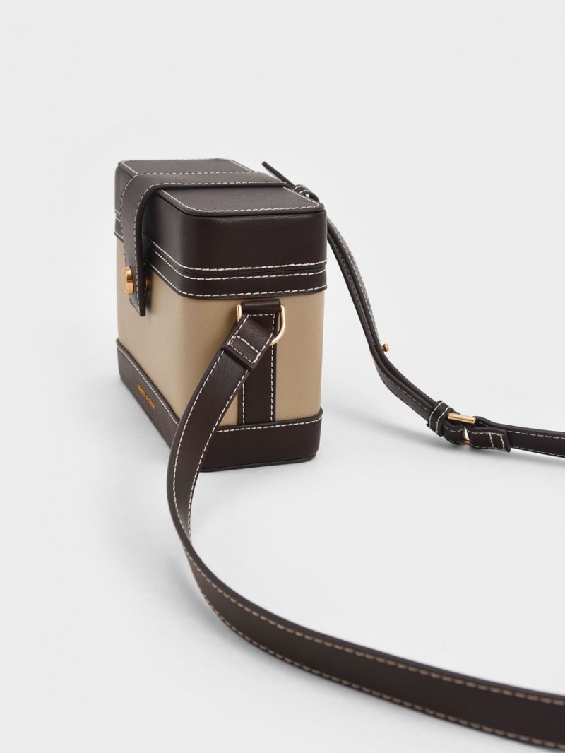 Charles & Keith Bronte Contrast-Trim Boxy Crossbody Veske Brune | KICWV9768