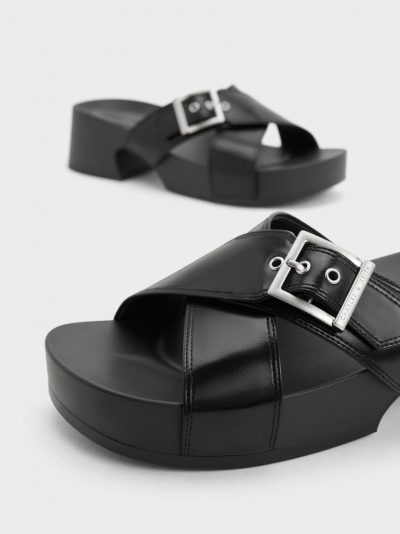 Charles & Keith Buckled Crossover Platåsandaler Svarte | DRYQN5028